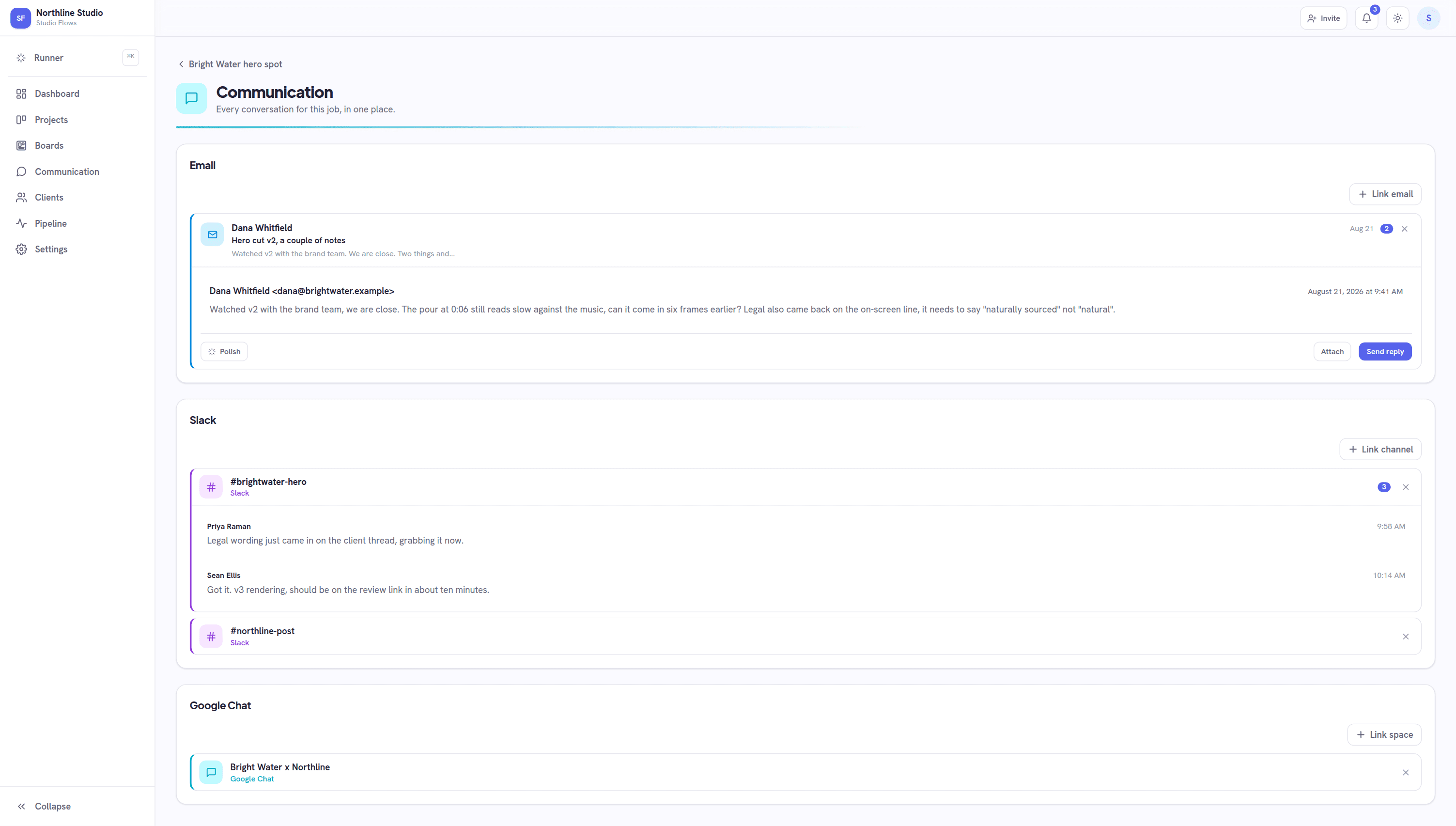 The Communication page: linked Gmail threads, Slack channels and a Google Chat space, all on one project.