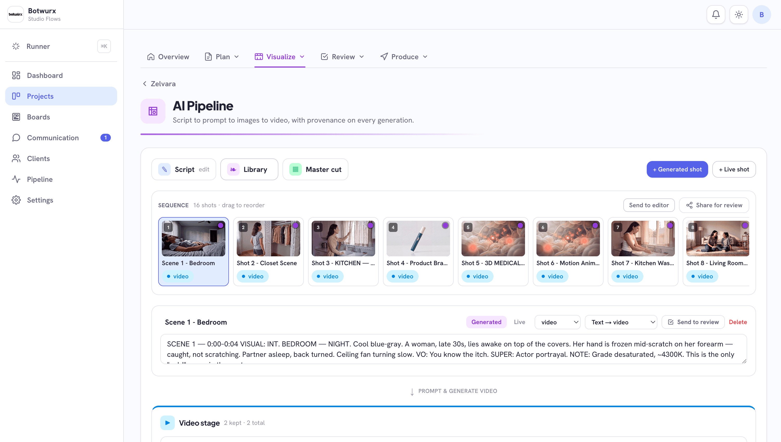 The AI pipeline: generated candidates for a shot, with provenance on every clip.