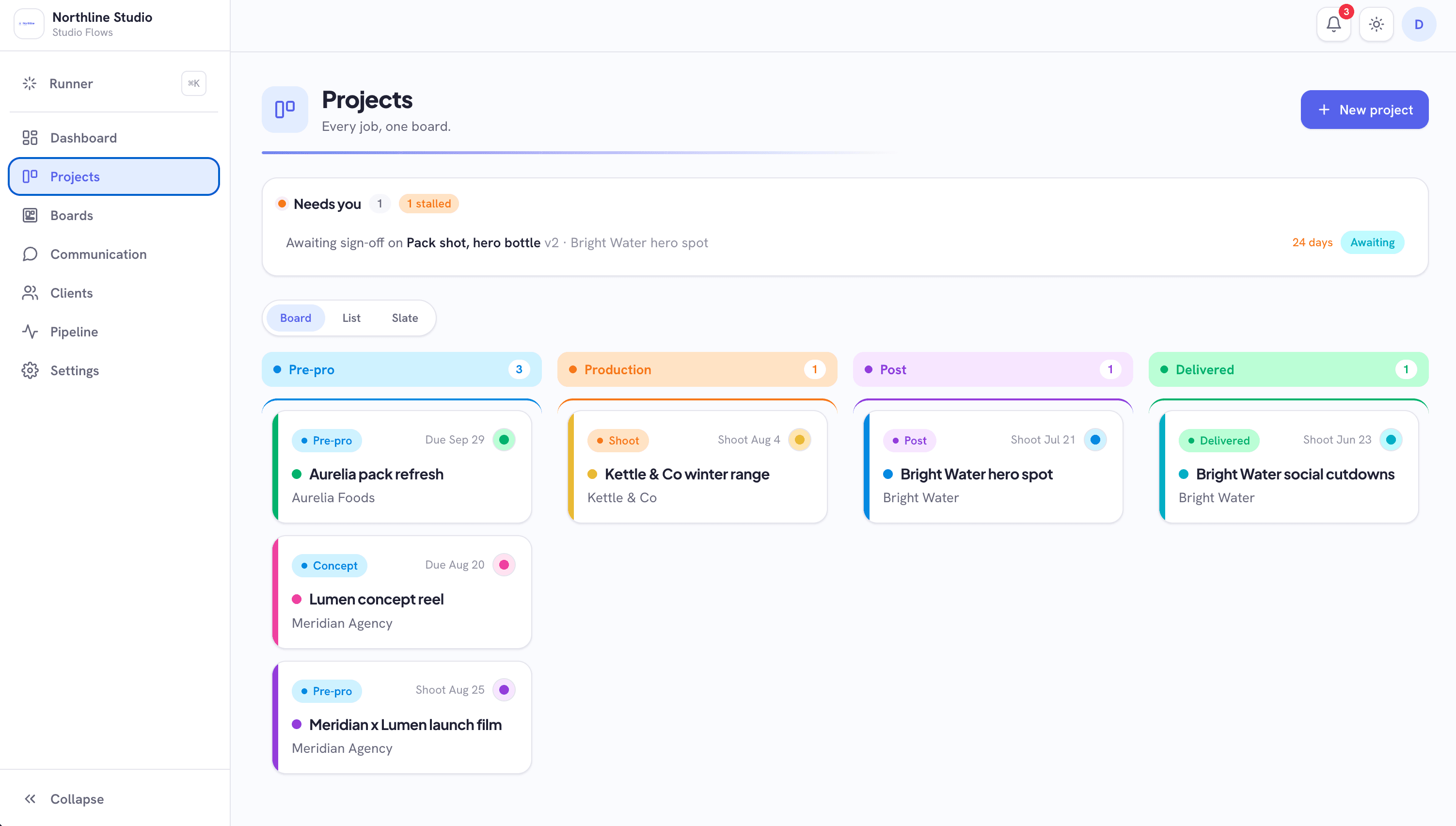 The projects board: every job on one board, moving from pre-pro to delivered.